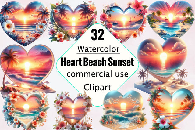 Heart Beach Sunset Watercolor Clipart Bundle Sublimation SVGArt 