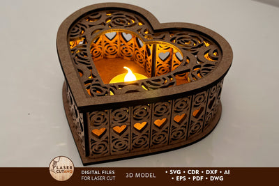 Heart Candle Holder Gift Valentine's Day, Laser Cut Fille, Wood Cut Template SVG LaserCutano 