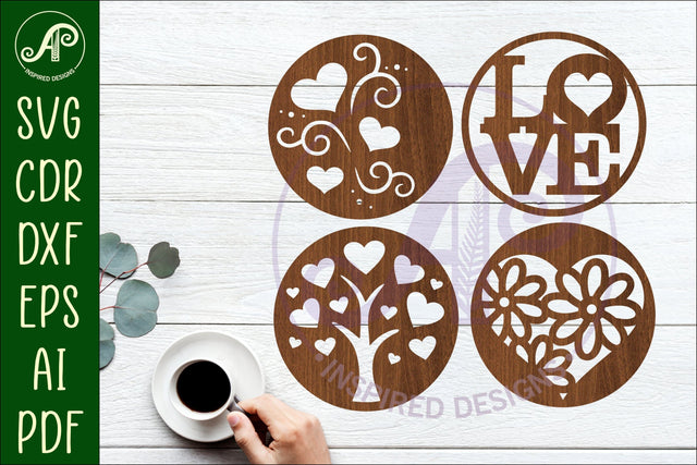 Heart Coasters, laser cut out Love heart designs d1 SVG APInspireddesigns 