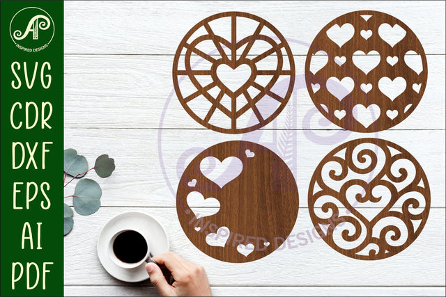 Heart Coasters, laser cut out Love heart designs d2 SVG APInspireddesigns 