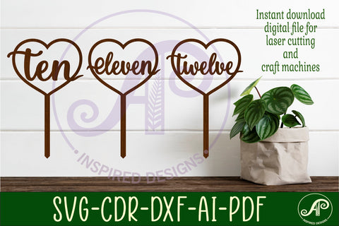 Heart number cake topper SVG laser cut 10 11 and 12 SVG APInspireddesigns 