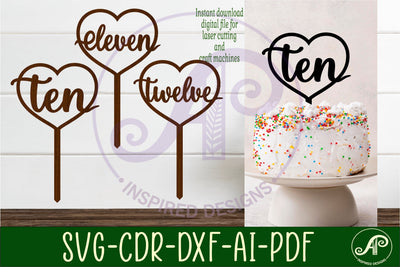 Heart number cake topper SVG laser cut 10 11 and 12 SVG APInspireddesigns 