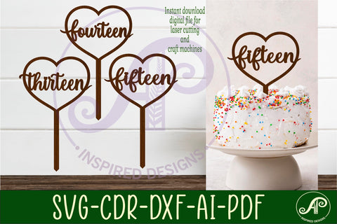 Heart number cake topper SVG laser cut 13 14 and 15 SVG APInspireddesigns 