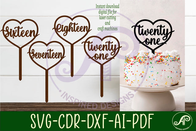 Heart number cake topper SVG laser cut 16 17 18 and 21 SVG APInspireddesigns 