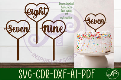 Heart number cake topper SVG laser cut 7 8 and 9 SVG APInspireddesigns 