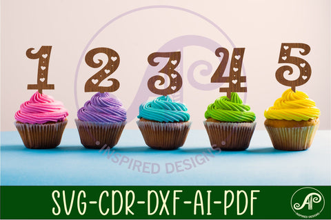 Heart number cupcake toppers, 10 designs SVG laser cut SVG APInspireddesigns 