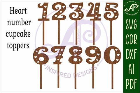 Heart number cupcake toppers, 10 designs SVG laser cut SVG APInspireddesigns 