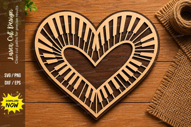 Heart Piano Keys SVG | Musical Love Laser Cut Design | Wooden Glowforge CNC DXF PNG EPS SVG Regulrcrative 