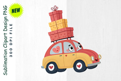 Heart Shaped Boxes on a Cartoon Car Sublimation Clipart Sublimation Regulrcrative 