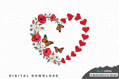 Heart-shaped floral and butterfly sublimation png design Sublimation Regulrcrative 