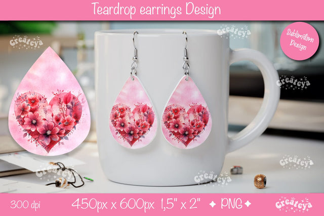 Heart Shaped Floral Earrings – Valentine’s Teardrop Sublimation Art Sublimation Createya Design 