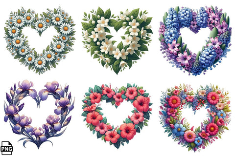 Heart-Shaped Wreath With Flowers PNG Clipart Bundle Printable File Sublimation Creativedesigntee 