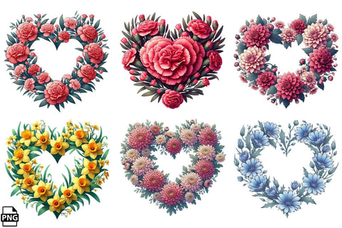 Heart-Shaped Wreath With Flowers PNG Clipart Bundle Printable File Sublimation Creativedesigntee 