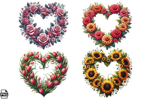 Heart-Shaped Wreath With Flowers PNG Clipart Bundle Printable File Sublimation Creativedesigntee 