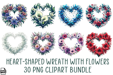 Heart-Shaped Wreath With Flowers PNG Clipart Bundle Printable File Sublimation Creativedesigntee 