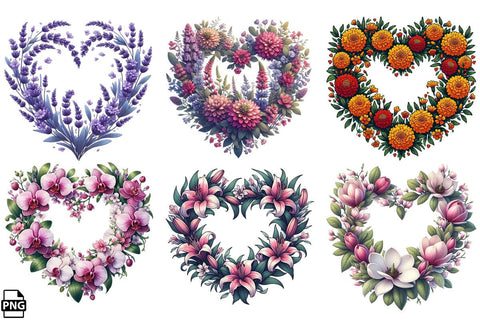 Heart-Shaped Wreath With Flowers PNG Clipart Bundle Printable File Sublimation Creativedesigntee 