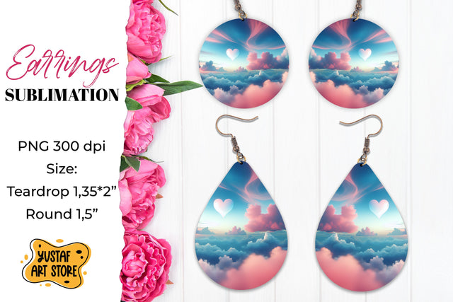 Heart Sky Earrings Sublimation. Teardrop/Round Sublimation Yustaf Art Store 