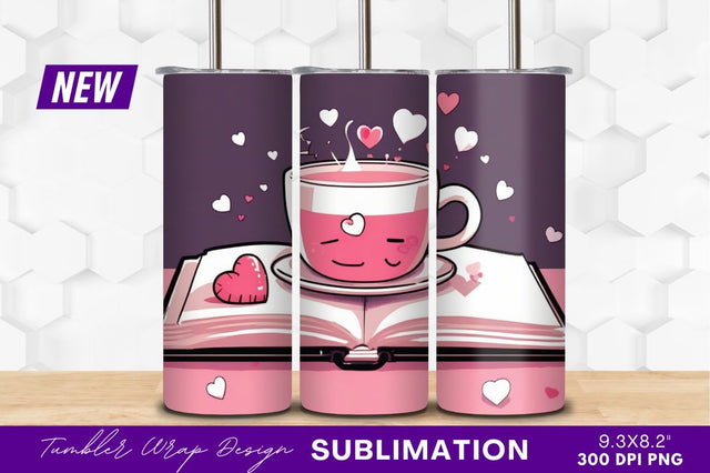 Heart tea cup on book tumbler png Sublimation Regulrcrative 
