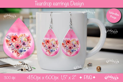 Heart Teardrop Earrings – Valentine’s Day Floral Sublimation Print Sublimation Createya Design 