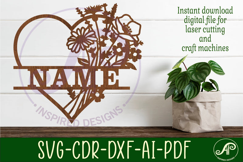Heart wild flower name sign svg laser cut template SVG APInspireddesigns 
