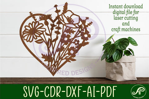 Heart wild flower wall sign, SVG laser cut file SVG APInspireddesigns 