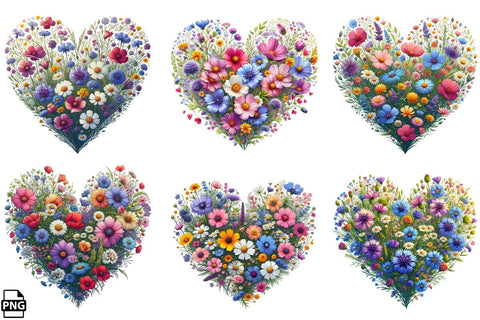 Heart Wildflowers Blooming PNG Clipart Bundle Printable File Sublimation Creativedesigntee 