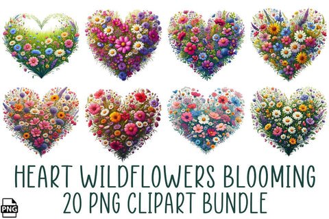 Heart Wildflowers Blooming PNG Clipart Bundle Printable File Sublimation Creativedesigntee 