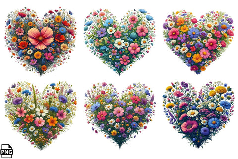 Heart Wildflowers Blooming PNG Clipart Bundle Printable File Sublimation Creativedesigntee 