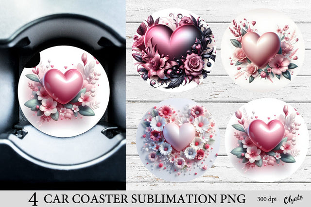 Heart with Flower Car Coaster PNG. Valentine’s Day Coaster PNG Sublimation Olga Terlyanskaya 
