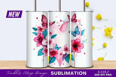 Heart With Flowers And Butterflies Tumbler Png Sublimation Regulrcrative 