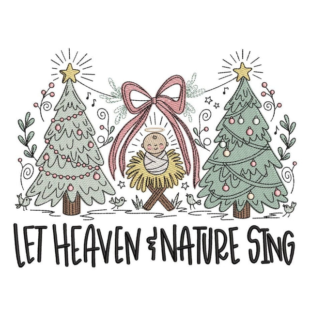 Heaven and Nature Sing Embroidery Design, Christian Christmas Embroidery, Whimsical Christmas Nativity Bow Trees, 3 sizes, Instant Download Embroidery/Applique DESIGNS Nino Nadaraia 