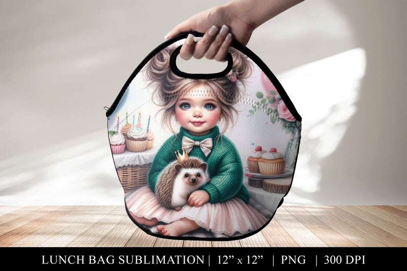 Hedgehog and Girl Birthday Lunch Bag Sublimation Design Sublimation BijouBay 