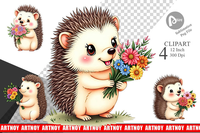 Hedgehog Spring Bouquet Clipart Sublimation artnoy 