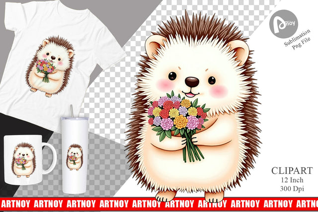 Hedgehog Spring Bouquet Clipart Sublimation artnoy 