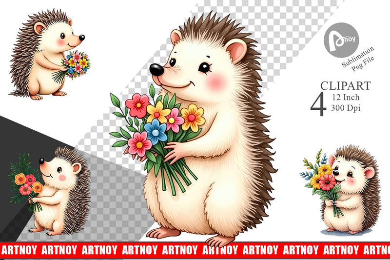 Hedgehog Spring Bouquet Clipart Sublimation artnoy 