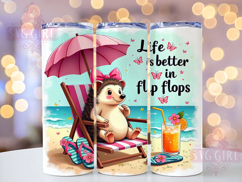 Hedgehog Tumbler Wrap, Life is Better in Flip Flops, Summer Design, Sublimation PNG, Cute Hedgehog, Beach Theme, Digital Download Sublimation SvggirlplusArt 