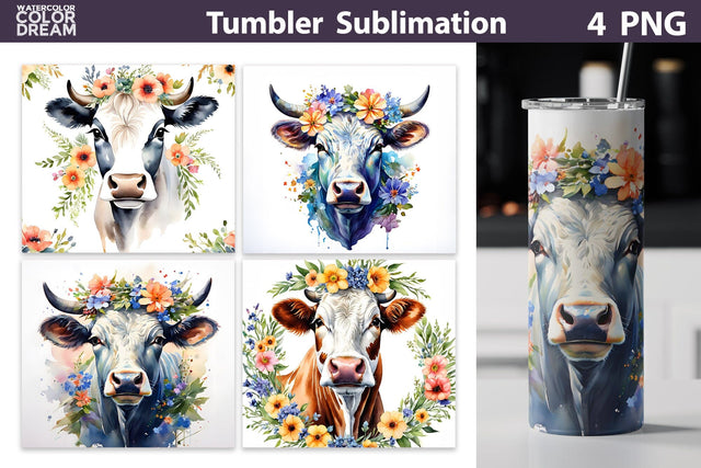 Heifer Cow Tumbler Wrap | Cow Wildflowers Tumbler Sublimation WatercolorColorDream 