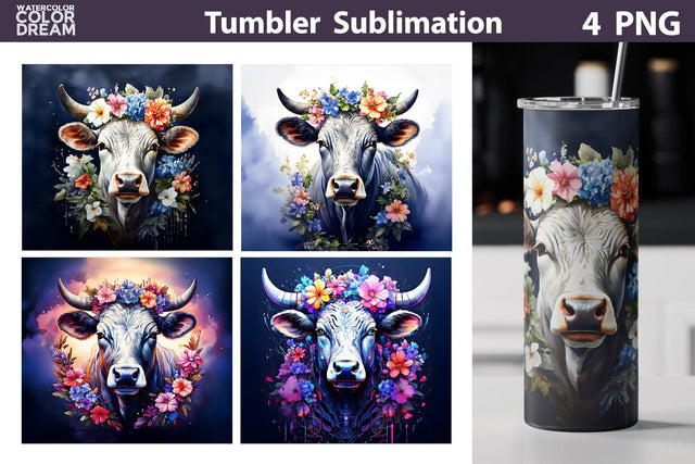 Heifer Cow Tumbler Wrap | Cow Wildflowers Tumbler Sublimation WatercolorColorDream 