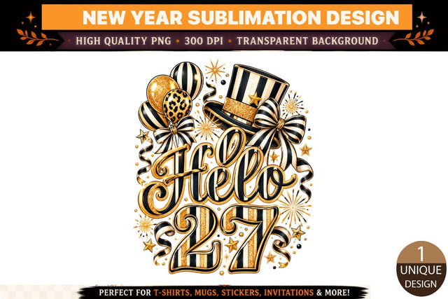 Hello 2027 PNG, Black and Gold New Year Sublimation Design, Glamorous New Year Shirt PNG, Disco Ball and Bow DTF Sublimation BlackCatsMedia 
