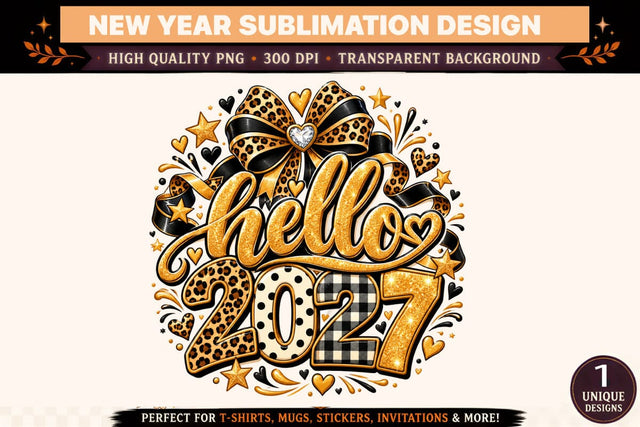 Hello 2027 PNG, Black Gold Leopard Print New Year Sublimation Design, Glamorous 2027 Shirt Graphic Sublimation BlackCatsMedia 