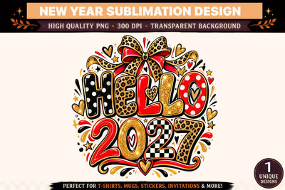 Hello 2027 PNG, New Year Sublimation Design, Red Gold Leopard Print Bow, Retro Checkered Shirt Graphic Sublimation BlackCatsMedia 