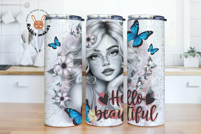 Hello Beautiful 20oz Tumbler Wrap Sublimation Design, Affirmations Digital Download PNG, Pastel Flowers Tumbler Wrap Sublimation Rabbitmakies 