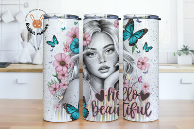 Hello Beautiful 20oz Tumbler Wrap Sublimation Design, Affirmations Digital Download PNG, Pastel Flowers Tumbler Wrap Sublimation Rabbitmakies 