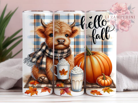 Hello Fall 20oz Tumbler Wrap PNG, Highland Cow Fall Tumbler PNG Sublimation Design, Straight & Tapered Tumbler Wrap, Instant Digital Download Sublimation Li Zamperini 