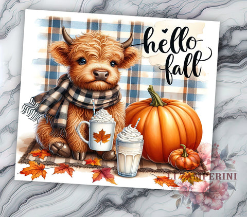 Hello Fall 20oz Tumbler Wrap PNG, Highland Cow Fall Tumbler PNG Sublimation Design, Straight & Tapered Tumbler Wrap, Instant Digital Download Sublimation Li Zamperini 