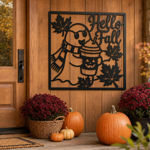 Hello Fall Cute Ghost Laser SVG | Pumpkin Spice Ghost Svg | Autumn Leaves DXF | Halloween Metal Wall Art | CNC Plasma Cut File SVG HappyDesignStudio 