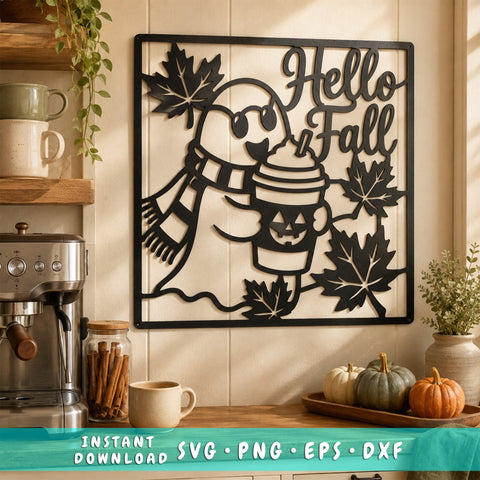 Hello Fall Cute Ghost Laser SVG | Pumpkin Spice Ghost Svg | Autumn Leaves DXF | Halloween Metal Wall Art | CNC Plasma Cut File SVG HappyDesignStudio 
