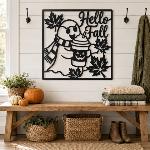 Hello Fall Cute Ghost Laser SVG | Pumpkin Spice Ghost Svg | Autumn Leaves DXF | Halloween Metal Wall Art | CNC Plasma Cut File SVG HappyDesignStudio 