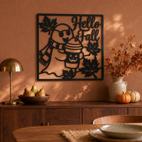 Hello Fall Cute Ghost Laser SVG | Pumpkin Spice Ghost Svg | Autumn Leaves DXF | Halloween Metal Wall Art | CNC Plasma Cut File SVG HappyDesignStudio 