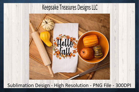 'Hello Fall' Encircled by Autumnal Wreath of Vibrant Leaves and Pumpkins Sublimation Keepsake Treasures Designs LLC. 